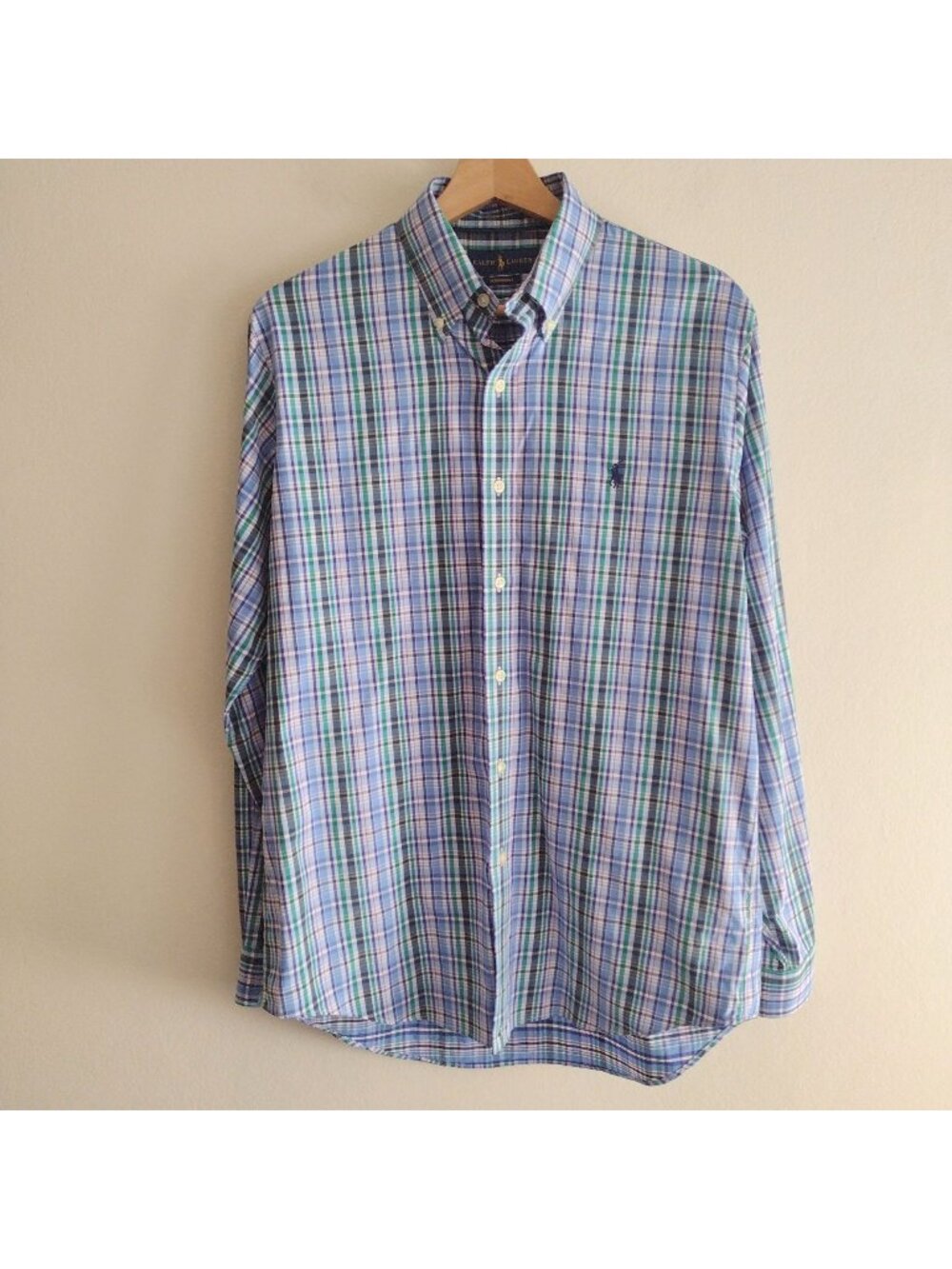 Ralph Lauren Performance Dress Shirt M Blue Green Plaid Golf Shirt